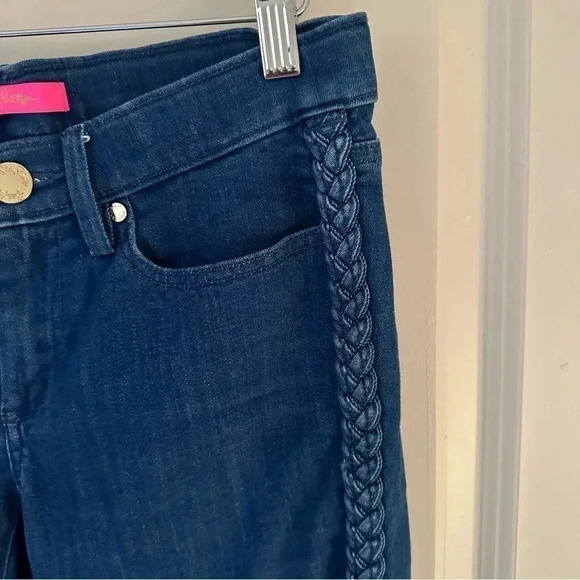 Lilly Pulitzer Braided Trim Denim Jeans Crop Bootcut Dark Wash Size 2 - Picture 4 of 13